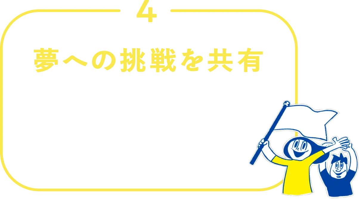 4 夢への挑戦を共有 夢に挑む姿を共有! 夢に挑む姿をWEBサイトやSNSで共有して、次の挑戦者につなげていきます。夢という新しい歴史を繋いでいくために。